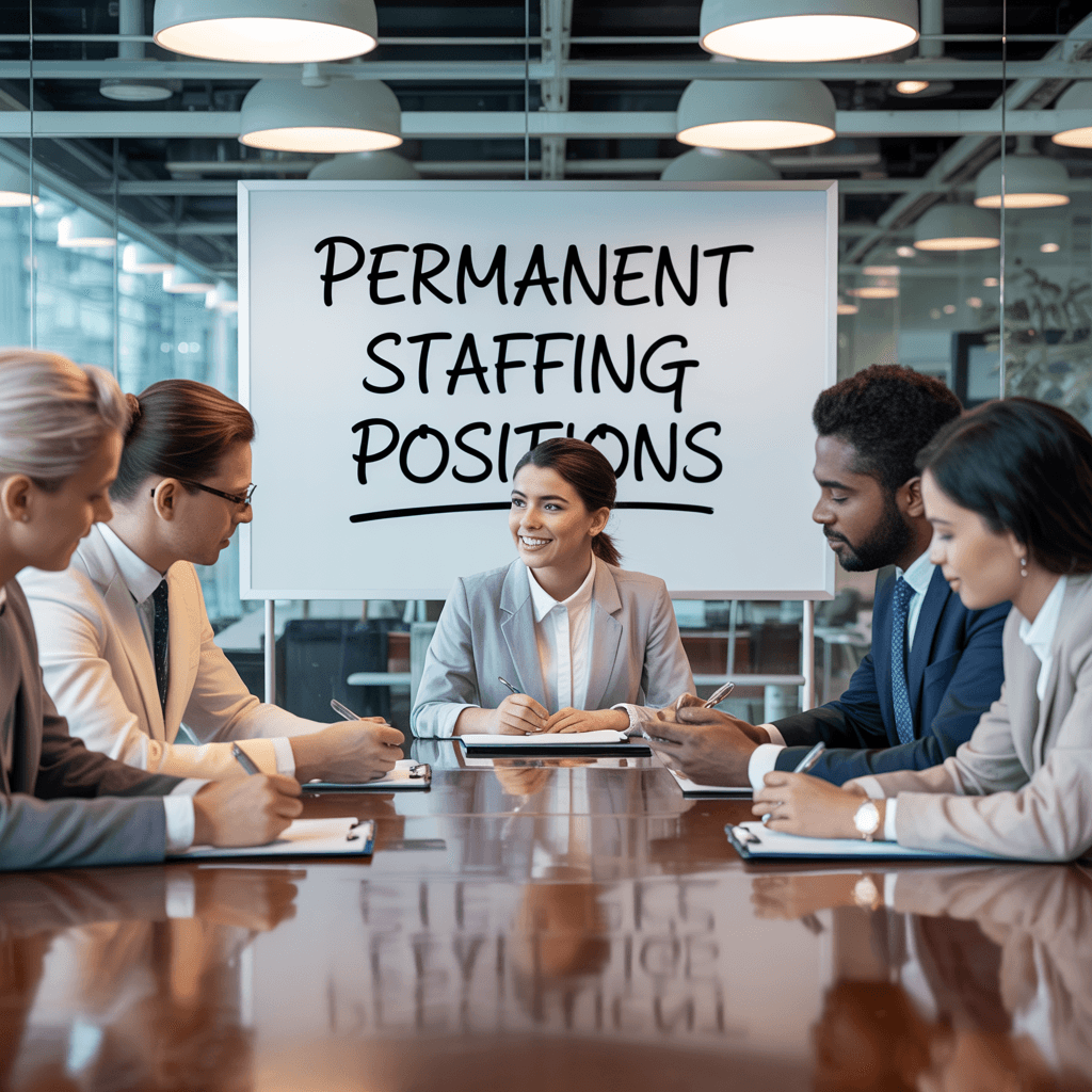 Professional recruitment team conducting interviews and candidate evaluations for permanent staffing positions